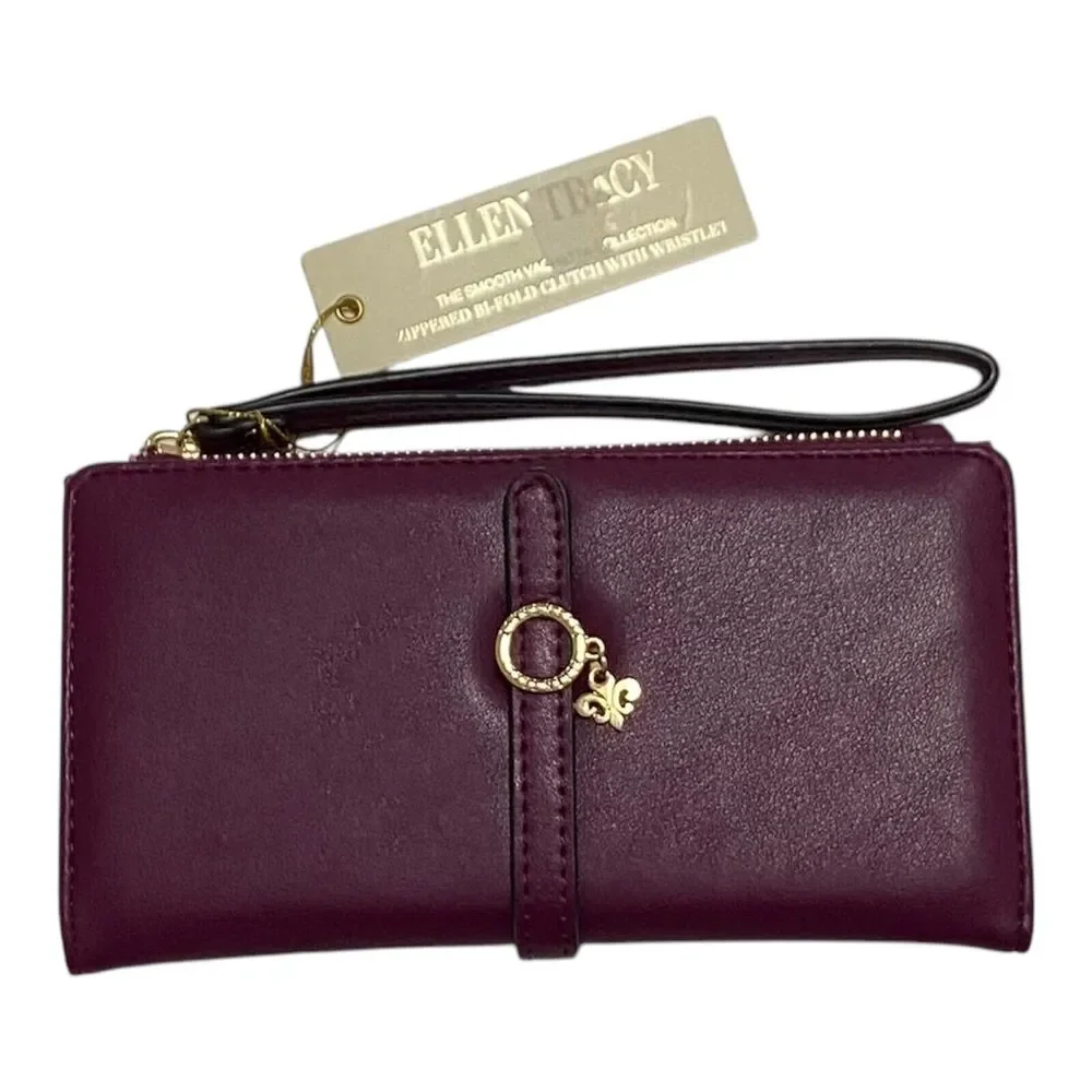 ELLEN TRACY‎ Smooth Vachetta Zippered Bi Fold Wristlet Wallet  Raspberry NWT